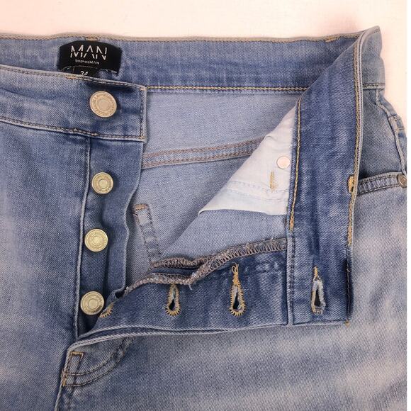 Boohoo Man Light Wash Distressed Button Fly Stretch Skinny Jeans Men's 34 - Picture 5 of 13